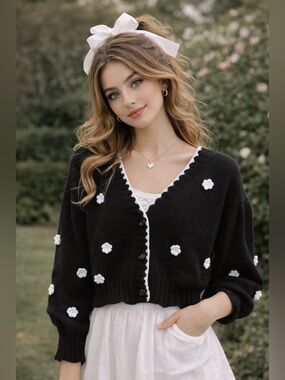 Coquette Black Cardigan White Floral Embroidered Cropped Sweater Cottagecore
